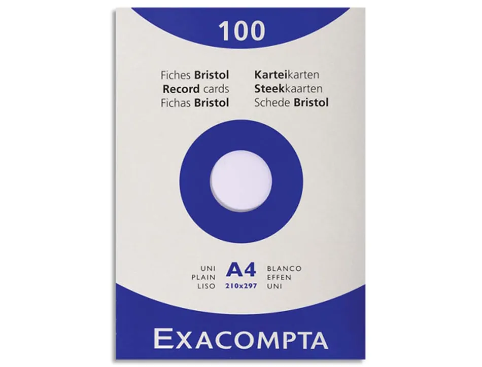 Etui 100 fiches exacompta bristol uni non perforee blanc 210x297 mm