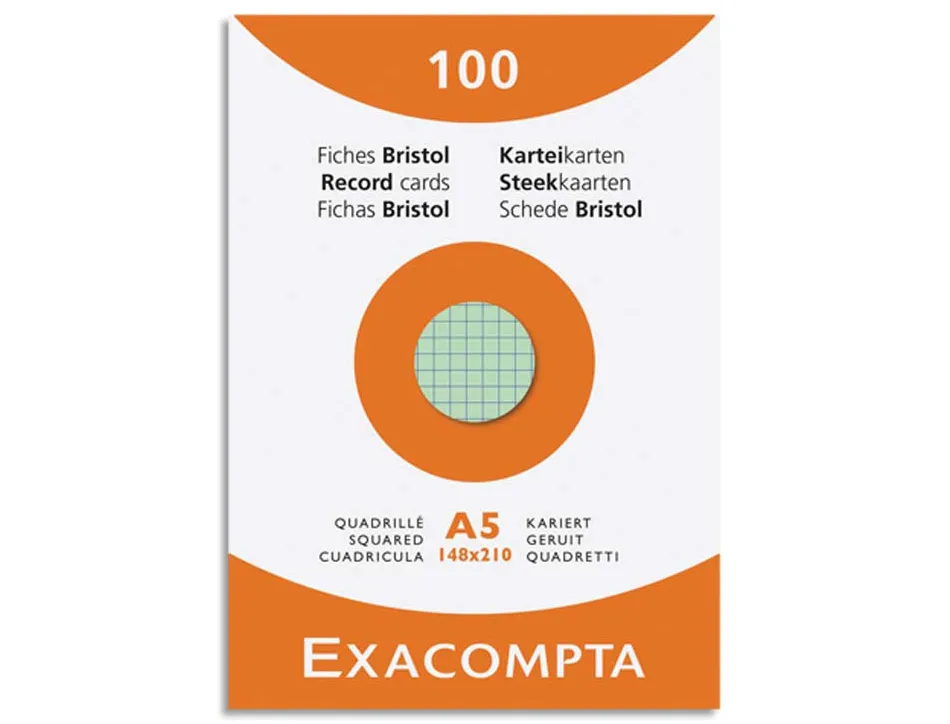 Etui 100 fiches exacompta bristol quadrillee 5x5 non perforee assortis 148x210mm