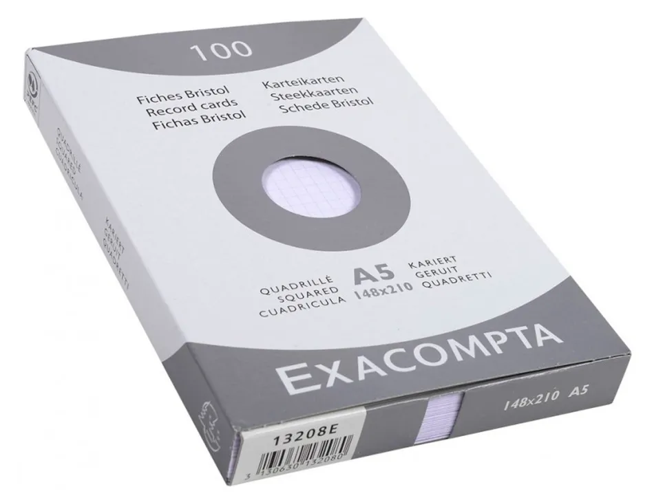 Etui 100 fiches exacompta bristol quadrillee 5x5 non perforee blanc 148x210mm