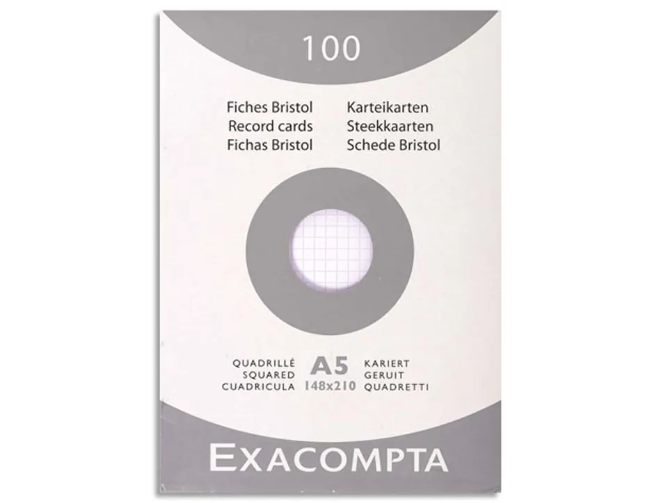 Etui 100 fiches exacompta bristol quadrillee 5x5 non perforee blanc 148x210mm
