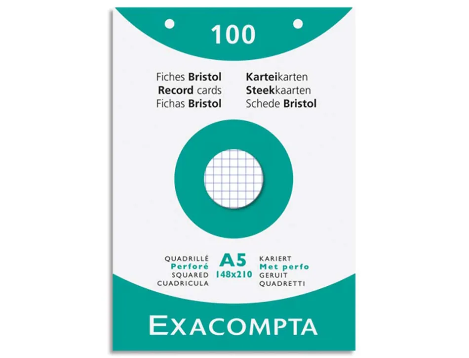 Etui 100 fiches exacompta bristol quadrillee 5x5 perforation en haut blanc 148x210 mm