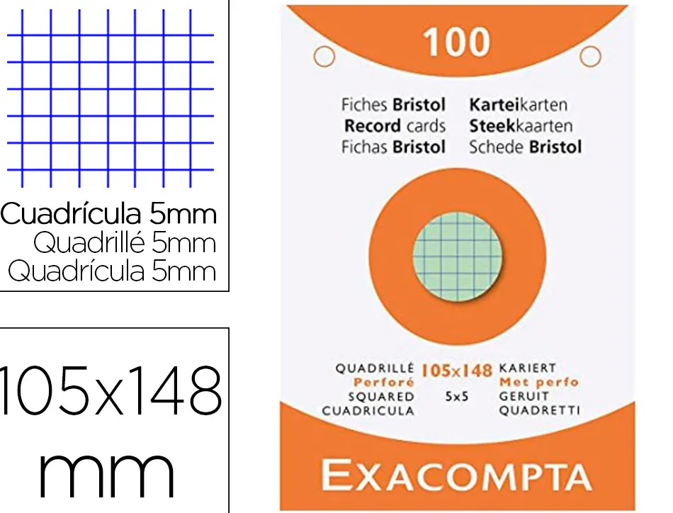 Etui 100 fiches exacompta bristol quadrillee 5x5 non perforee blanc 105x148mm coloris assortis