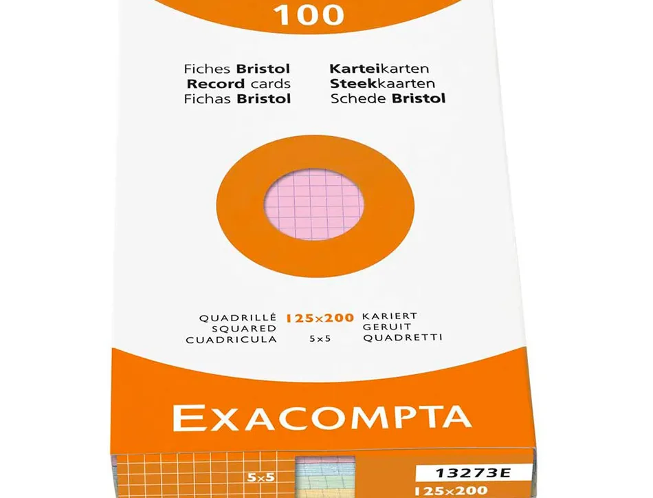 Etui 100 fiches exacompta bristol quadrillee 5x5 non perforee assortis 125x200mm