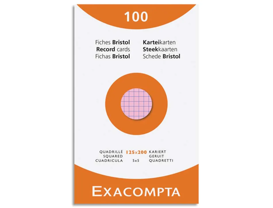 Etui 100 fiches exacompta bristol quadrillee 5x5 non perforee assortis 125x200mm