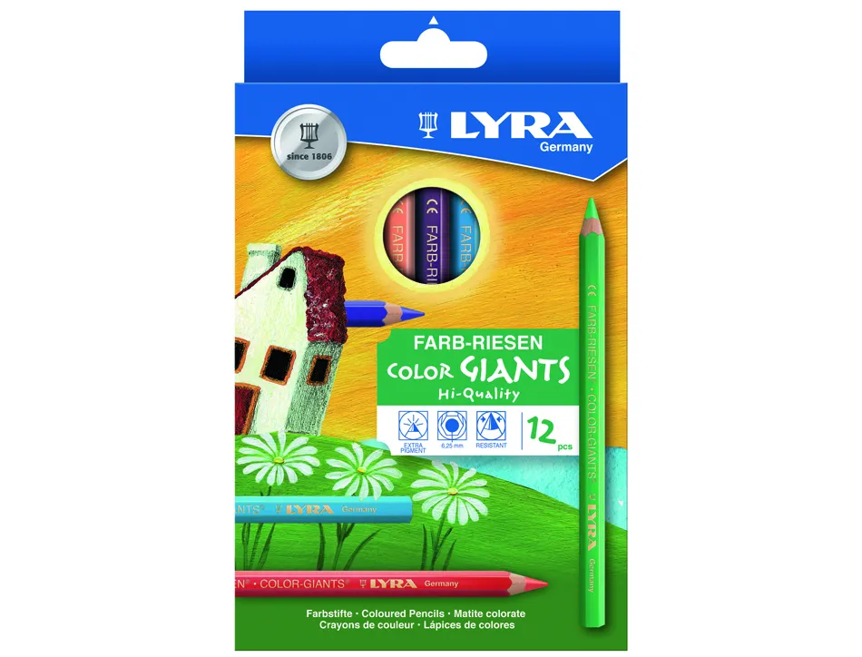 Etui crayons de couleur geantes lyra forme hexagonales bois 18cm mine 6mm 12 unites coloris