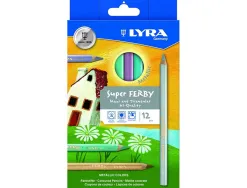 Etui crayons de couleur super ferby lyra forme triangulaire bois 12cm mine 6mm 12 unites coloris metalliques assortis
