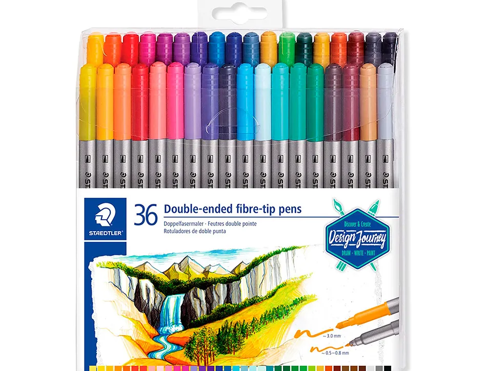 Etui de 36 feutres de coloriage staedtler 3200 design journey double pointe 3,0mm/0,5-0,8mm assortis