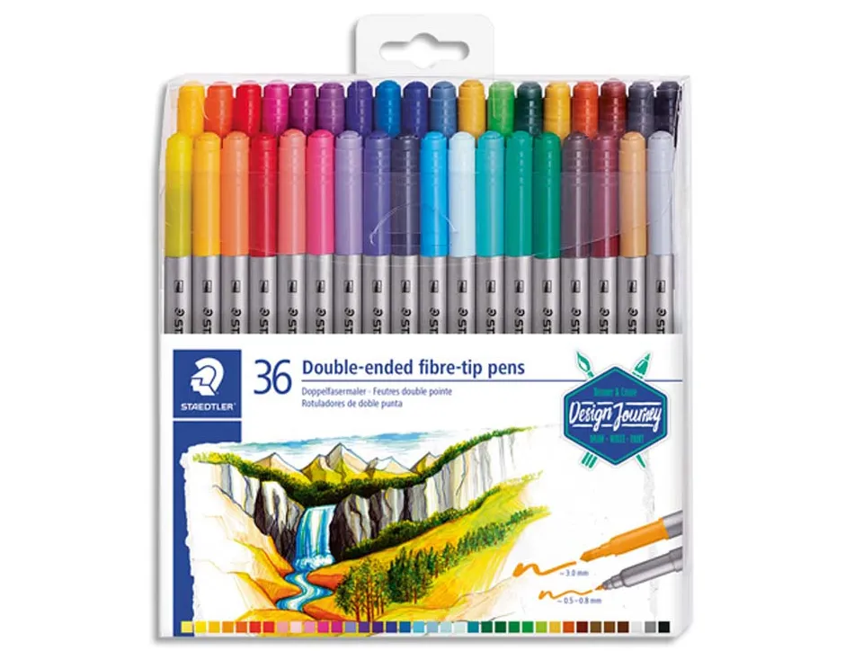 Etui de 36 feutres de coloriage staedtler 3200 design journey double pointe 3,0mm/0,5-0,8mm assortis