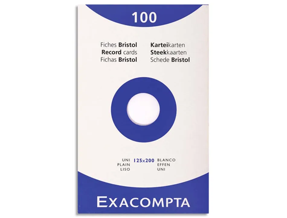 Etui de 100 fiches exacompta bristol blanc uni non perforee 125x200mm