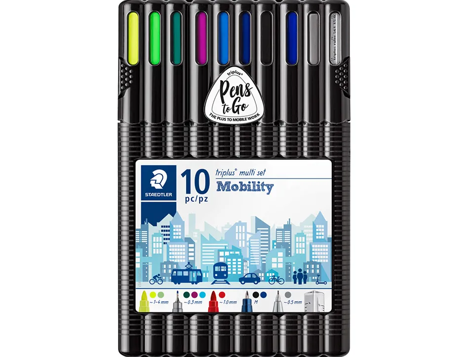 Etui staedtler triplus mobily set 10 unites 4 feutres 2 stylos 1 porte-mine 2 surligneurs 1 regle