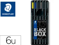 Etui staedtler triplus set 6 unites 2 feutres 1 bleu 1 noir 1 roller noir 1 stylo bleu 1 porte-mine hb et 1 surligneur