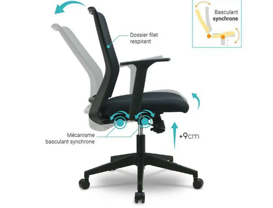 Fauteuil de bureau assise en tissu dossier en maille avec mecanisme synchrone minoris coloris noir