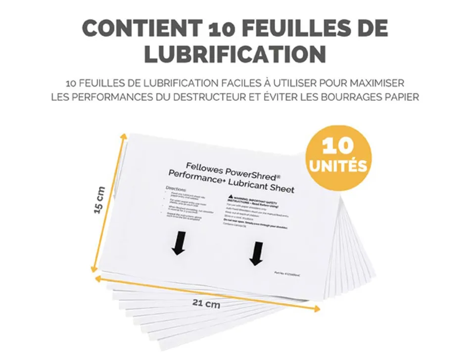Feuille lubrification fellowes pour destructeurs performance+ paquet 10 unites