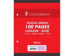Feuille simple conquerant 7 perforees 170x220mm film 80g seyes coloris rose paquet 100 unites