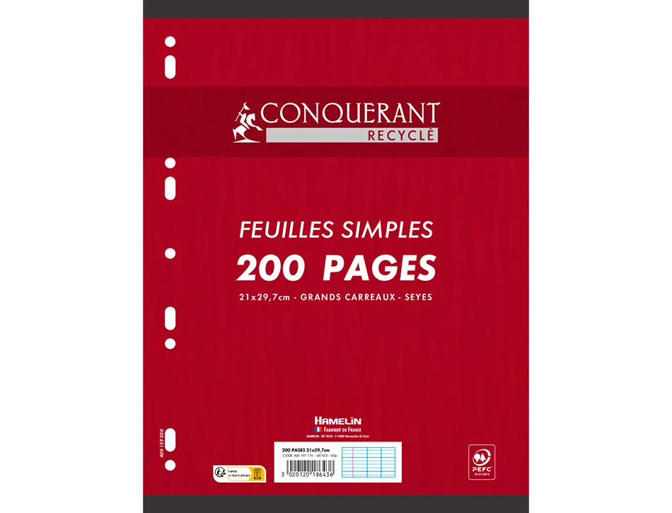 Feuilles simples conquerant 7 perforees 210x297 film 200p 90g seyes recycle