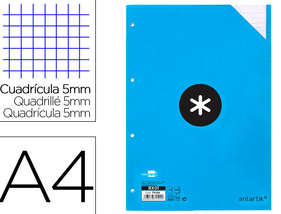 Feuillet mobile antartik a4 100 feuilles 100g quadrillage 5mm 4 trous bandes de 5 couleurs