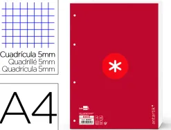 Feuillet mobile antartik a4 80feuilles 90g quadrillage 5mm 4 trous bord coloris framboise