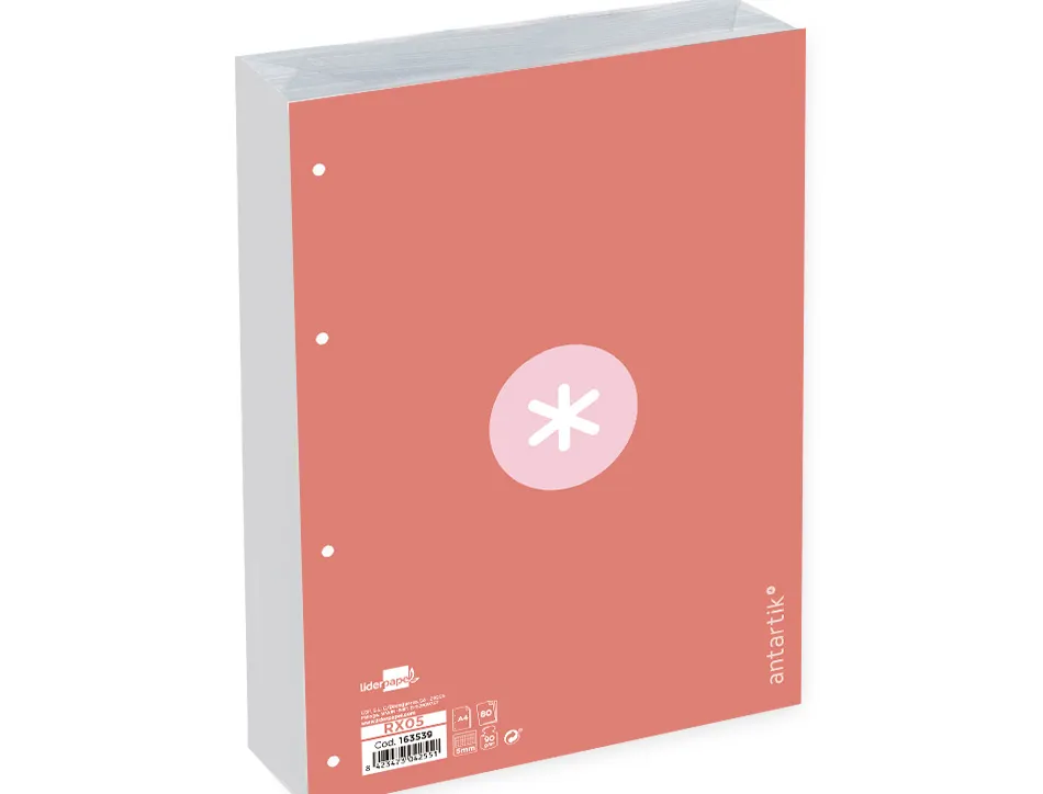 Feuillet mobile antartik a4 80feuilles 100g quadrillage 5mm 4 trous bord coloris rose