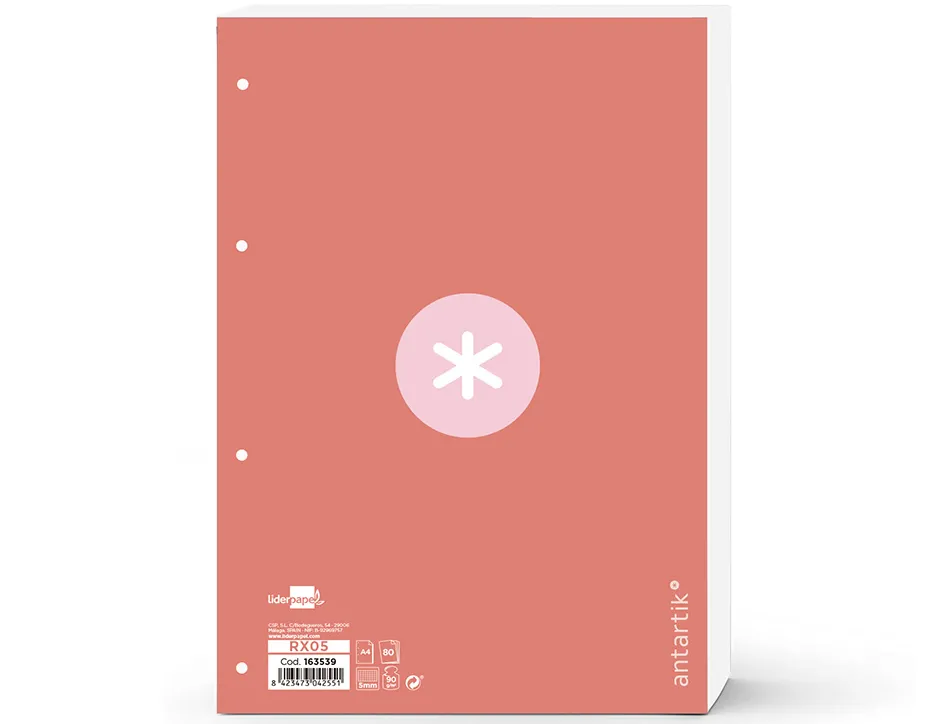 Feuillet mobile antartik a4 80feuilles 100g quadrillage 5mm 4 trous bord coloris rose