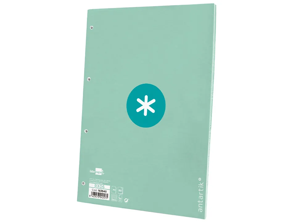 Feuillet mobile antartik a4 80feuilles 90g quadrillage 5mm 4 trous bord coloris menthe