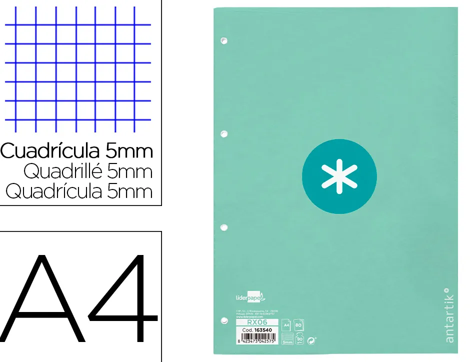 Feuillet mobile antartik a4 80feuilles 90g quadrillage 5mm 4 trous bord coloris menthe