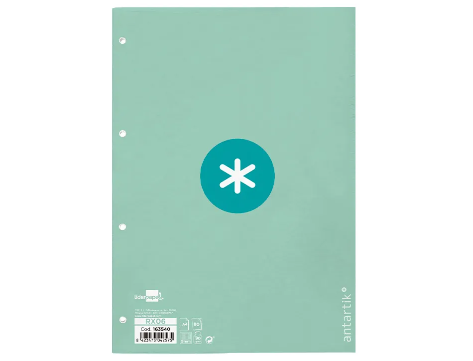 Feuillet mobile antartik a4 80feuilles 90g quadrillage 5mm 4 trous bord coloris menthe