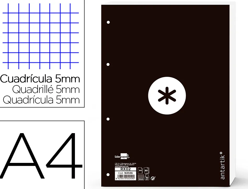 Feuillet mobile antartik a4 80feuilles 90g quadrillage 5mm 4trous bord coloris noir
