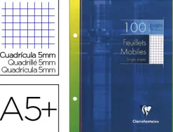 Feuillet mobile clairefontaine a5+ 170x220mm papier vélin velouté 100 pages 90g 5x5mm perforé coloris blanc