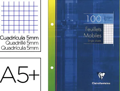Feuillet mobile clairefontaine a5+ 170x220mm papier vélin velouté 100 pages 90g 5x5mm perforé coloris blanc