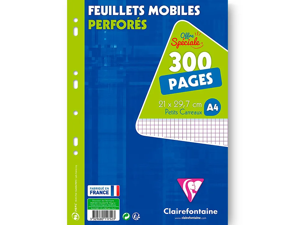 Feuillet mobile clairefontaine a4 21x29,7cm papier velin veloute 150 pages 90g 5x5mm perforees sous film coloris blanc