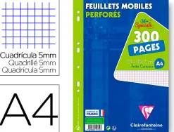 Feuillet mobile clairefontaine a4 21x29,7cm papier velin veloute 150 pages 90g 5x5mm perforees sous film coloris blanc