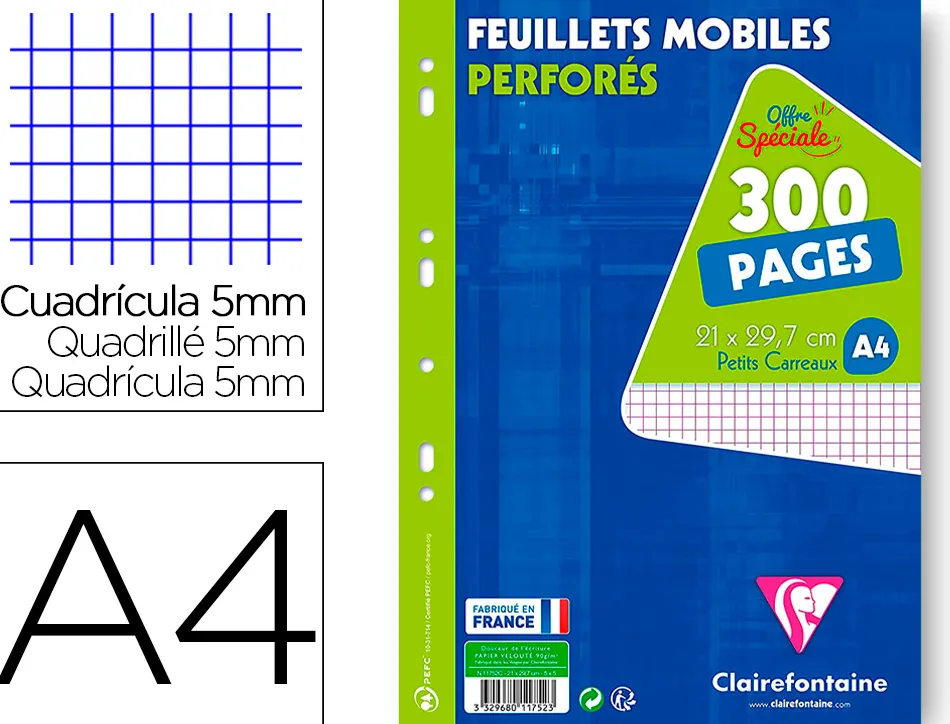 Feuillet mobile clairefontaine a4 21x29,7cm papier velin veloute 150 pages 90g 5x5mm perforees sous film coloris blanc
