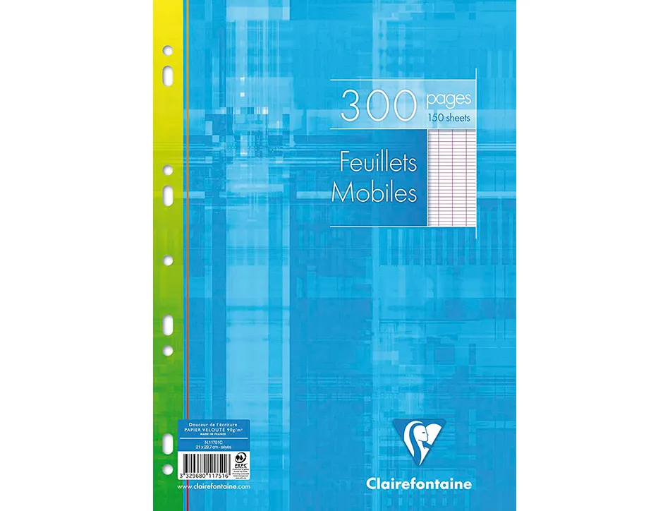 Feuillet mobile clairefontaine a4 21x29,7cm papier velin veloute 150 pages 90g seyes perforees sous film coloris blanc
