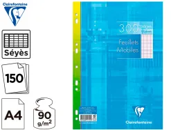 Feuillet mobile clairefontaine a4 21x29,7cm papier velin veloute 150 pages 90g seyes perforees sous film coloris blanc