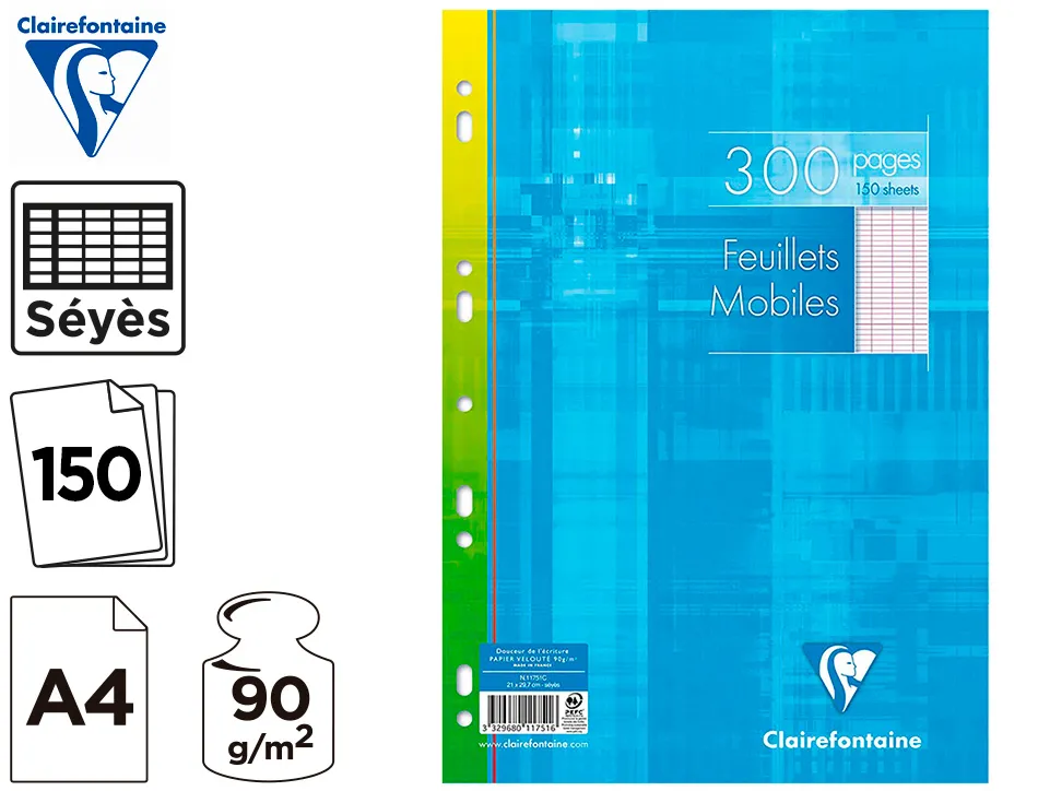 Feuillet mobile clairefontaine a4 21x29,7cm papier velin veloute 150 pages 90g seyes perforees sous film coloris blanc