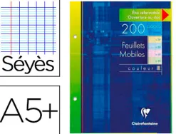 Feuillet mobile clairefontaine a5+ 170x220mm papier vélin velouté 200 pages 90g séyès perforé coloris assortis