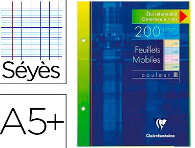 Feuillet mobile clairefontaine a5+ 170x220mm papier vélin velouté 200 pages 90g séyès perforé coloris assortis