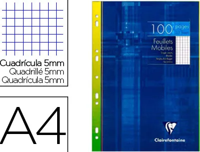 Feuillet mobile clairefontaine a4 210x297mm papier vélin velouté 100 pages 90g 5x5mm perforé coloris blanc