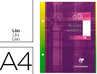 Feuillet mobile clairefontaine a4 21x29,7cm papier dessin 60f 125g perforé coloris assortis