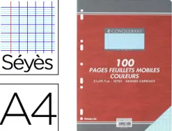 Feuillet mobile conquérant sept a4 210x297mm 100 pages 80g séyès perforé coloris bleu