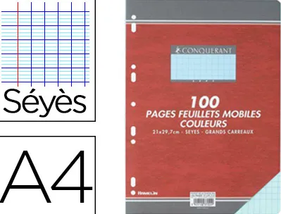 Feuillet mobile conquérant sept a4 210x297mm 100 pages 80g séyès perforé coloris bleu