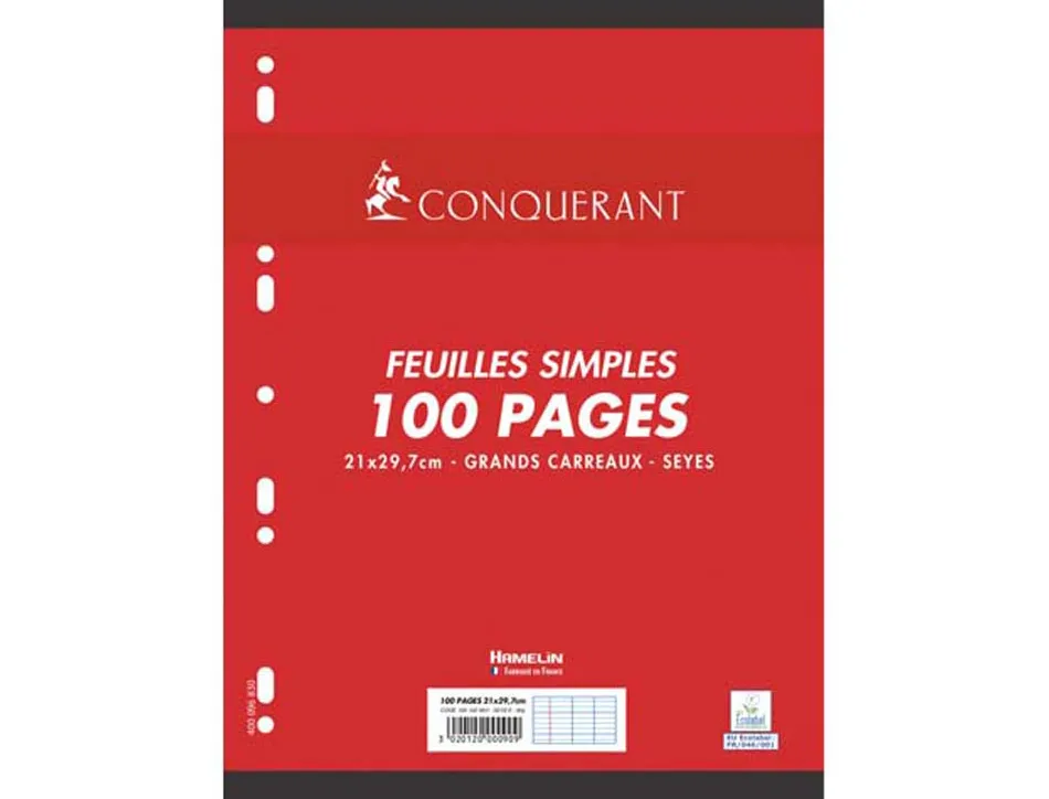Feuillet mobile conquérant sept a4 210x297mm 100 pages 90g séyès perforé coloris blanc