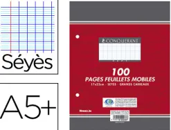 Feuillet mobile conquérant sept a5+ 170x220mm 100 pages 90g séyès perforé coloris blanc