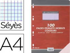 Feuillet mobile conquérant sept a4 210x297mm 100 pages 80g séyès perforé coloris rose