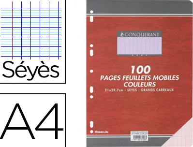 Feuillet mobile conquérant sept a4 210x297mm 100 pages 80g séyès perforé coloris rose