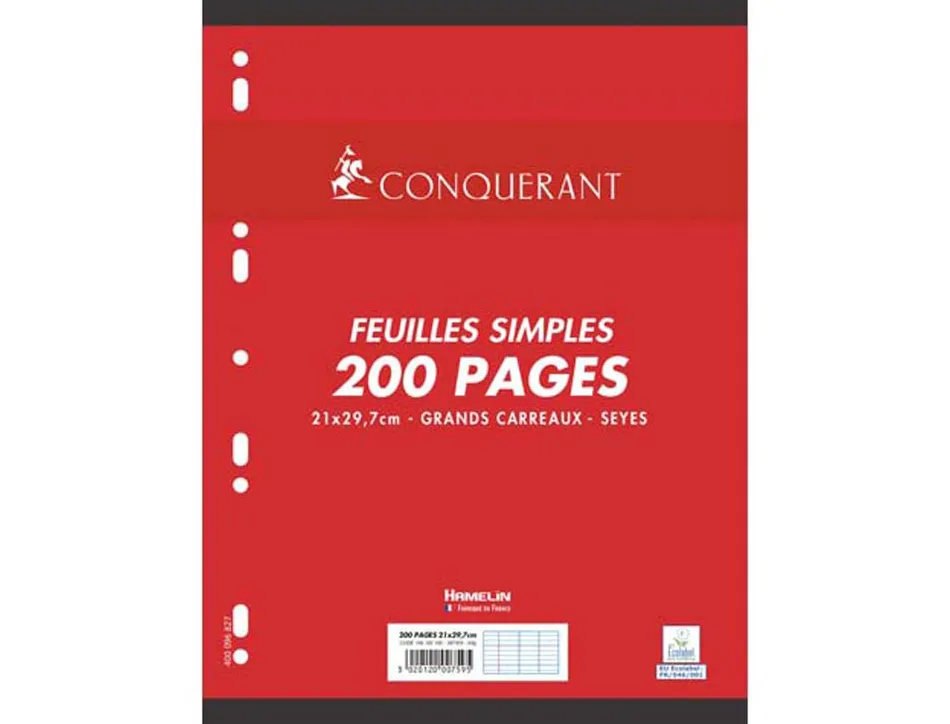 Feuillet mobile conquérant sept a4 210x297mm 200 pages 90g séyès perforé coloris blanc