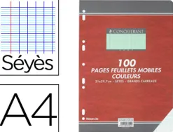 Feuillet mobile conquérant sept a4 210x297mm 100 pages 80g séyès perforé coloris vert