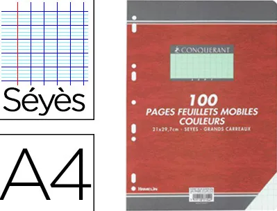 Feuillet mobile conquérant sept a4 210x297mm 100 pages 80g séyès perforé coloris vert