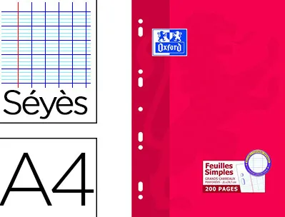 Feuillet mobile oxford a4 210x 297mm papier satiné extra blanc 200 pages 90g séyès perforé