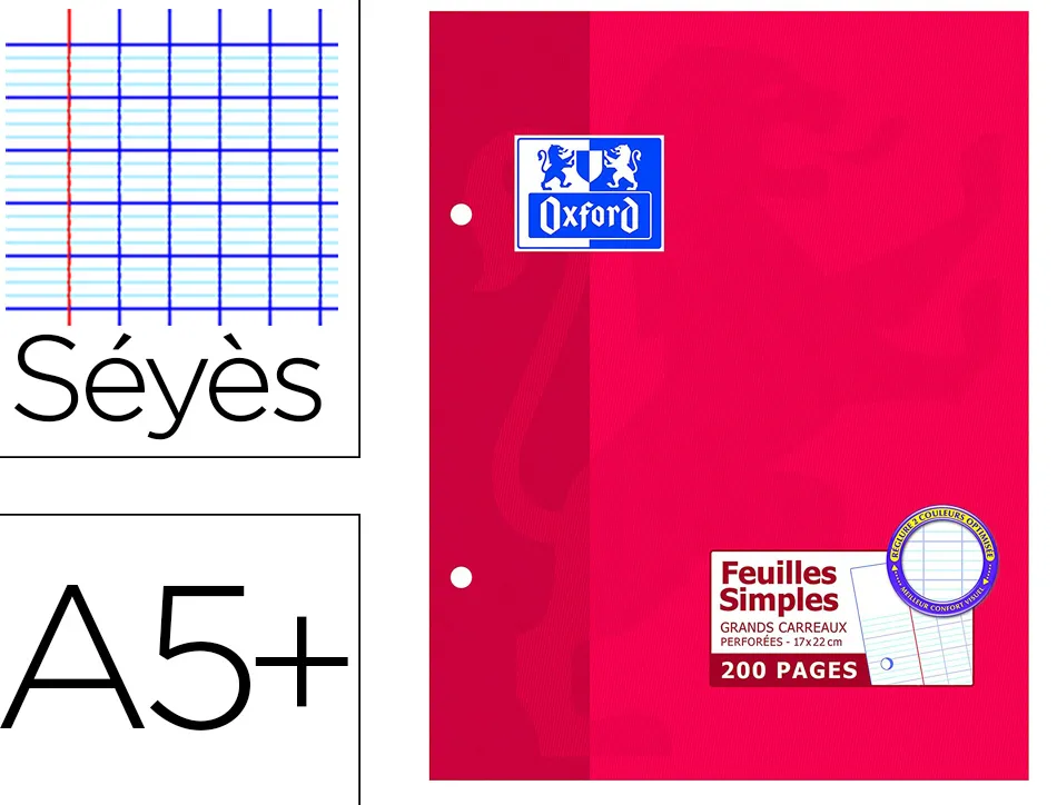 Feuillet mobile oxford a5+ 170x220mm papier satiné extra blanc 200 pages 90g séyès perforé